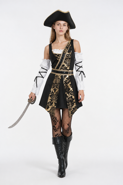Baroque-Style Pirate Costume with Hat and Belt Costume Headwear detail