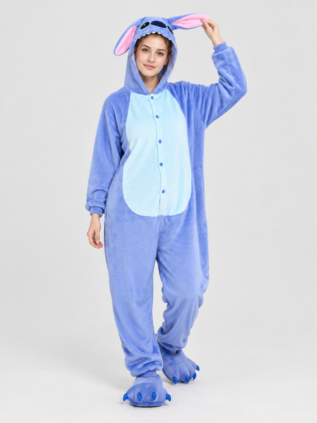 Blue Hooded Pajama Jumpsuit with Appliqué