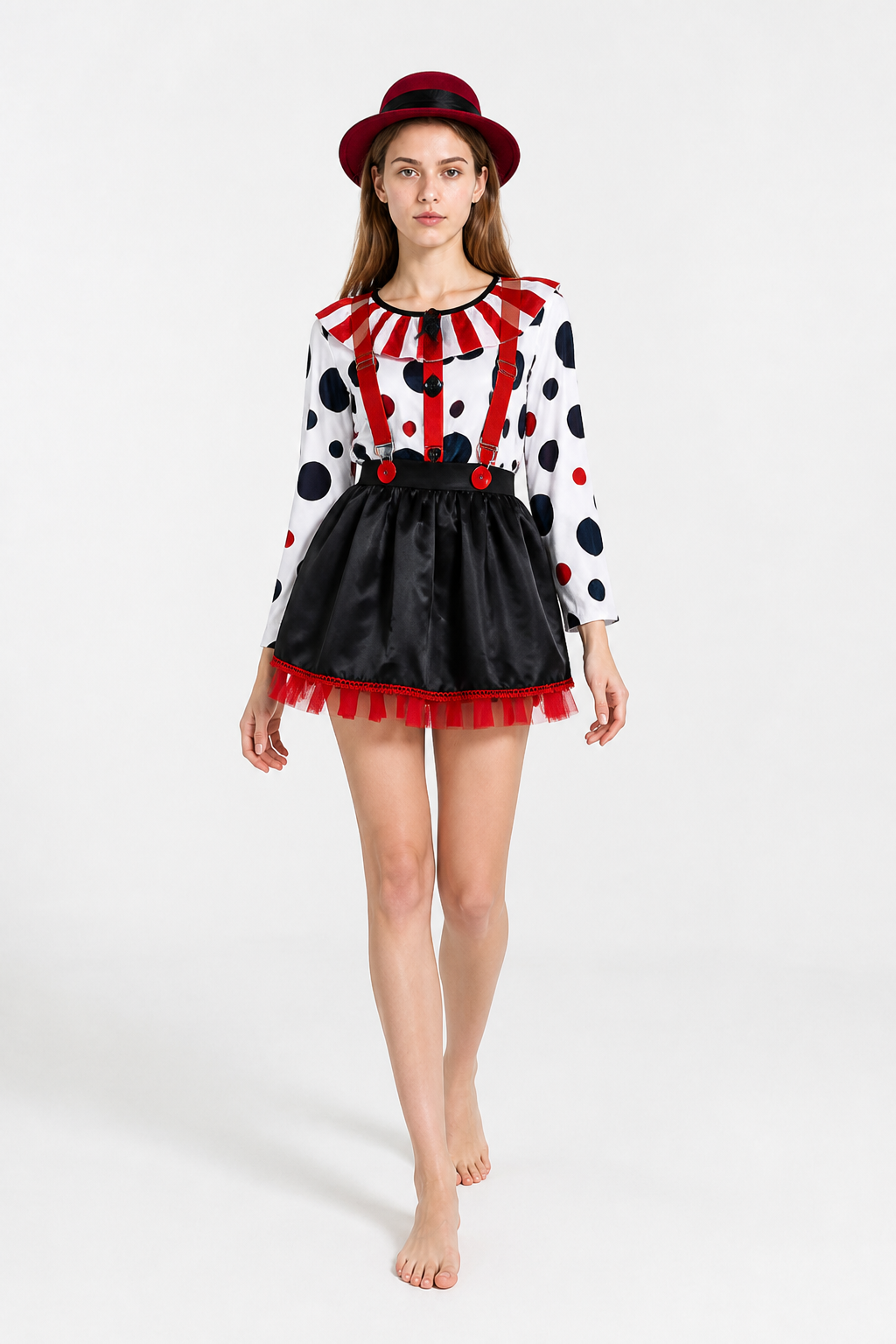 Clown Costume with Skirt, Hat, and Suspenders Costume Headwear detail 2