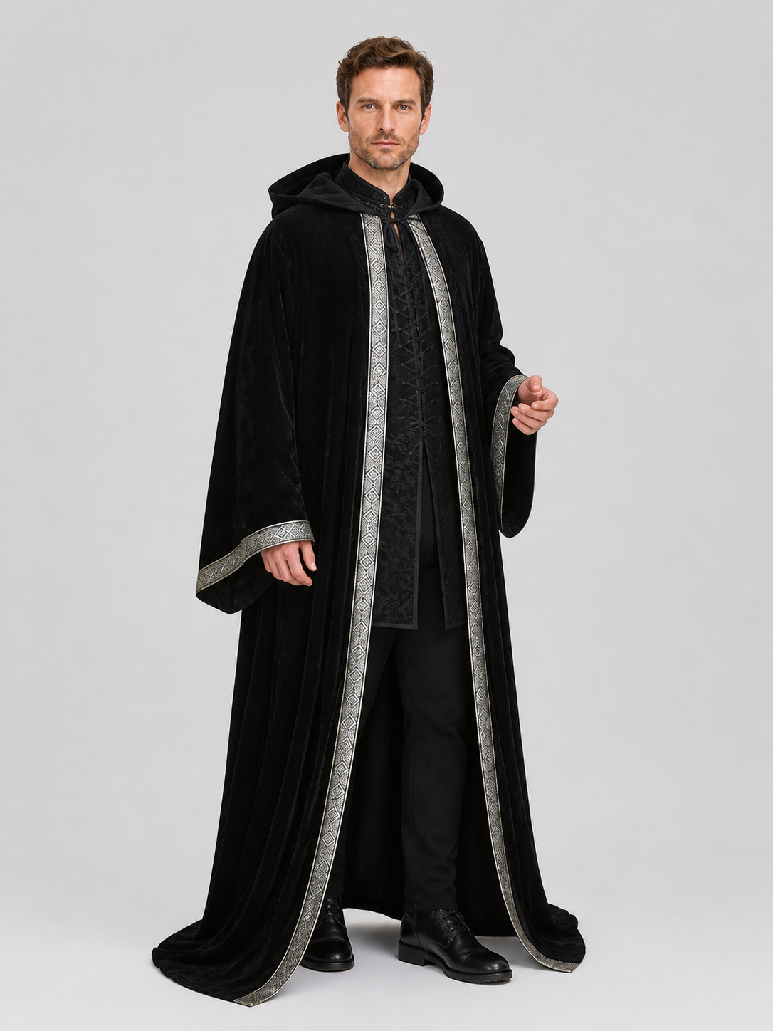 Gothic Black Hooded Cloak Cape with Ornament Costume Capes detail 2