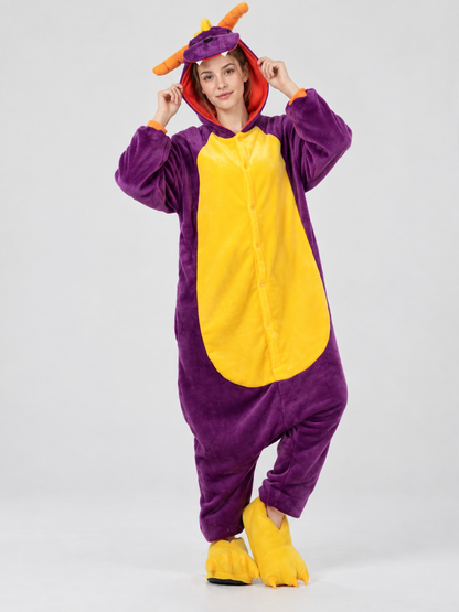 Purple Hooded Pajama Jumpsuit with Yellow Panel