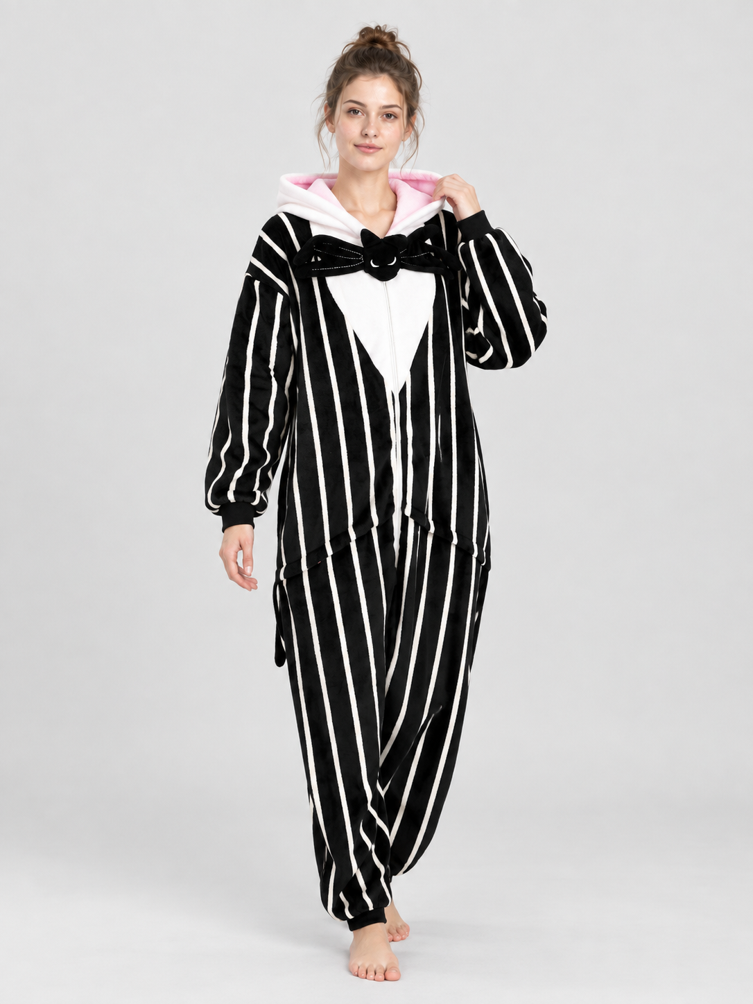 Hooded Jumpsuit Pajama with White Stripes