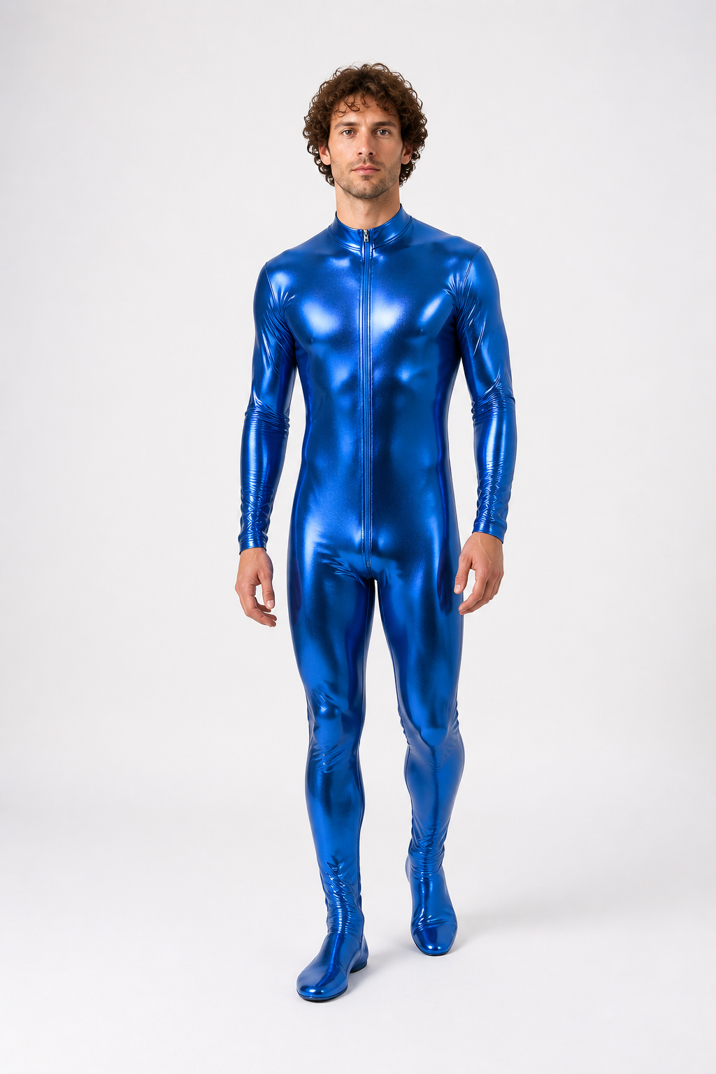 Blue glossy footed jumpsuit with a zipper product detail 2