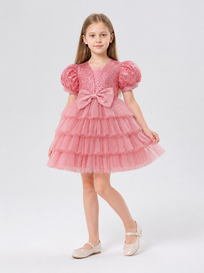 Full Dress with Sequins, Bow, and Mesh Skirt