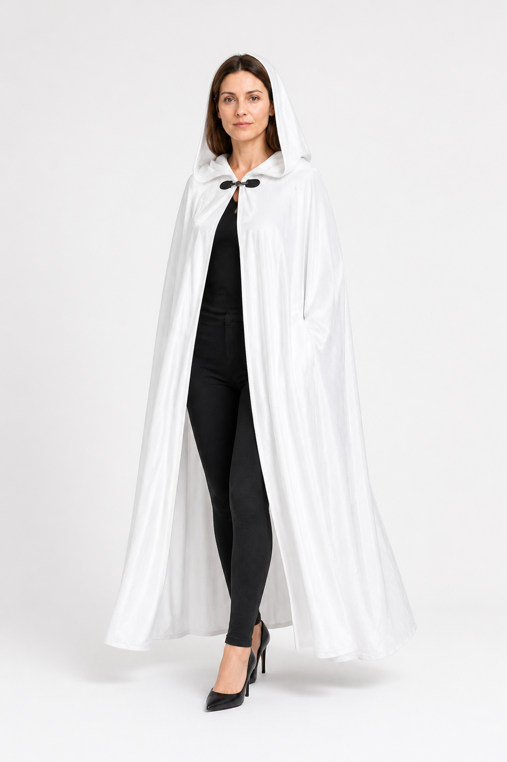 White Long Hooded Cape with Black Bow