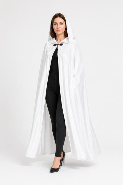 White Long Hooded Cape with Black Bow