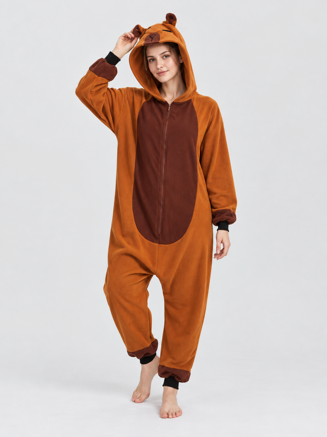Hooded Pajama Jumpsuit with Ears, Orange-Brown
