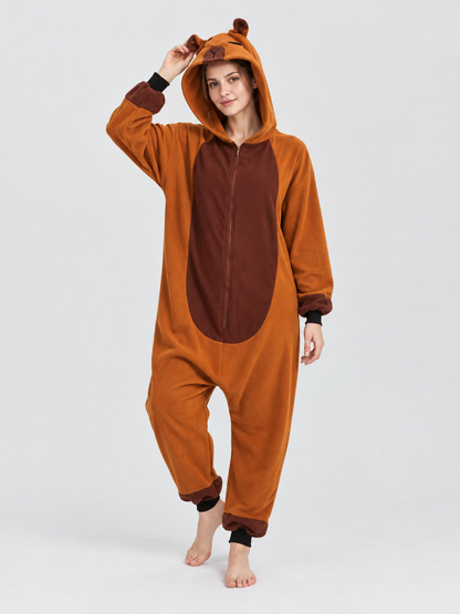 Hooded Pajama Jumpsuit with Ears, Orange-Brown