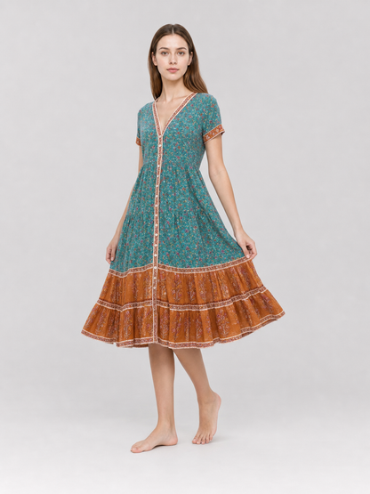 Printed Midi Dress with Short Sleeves