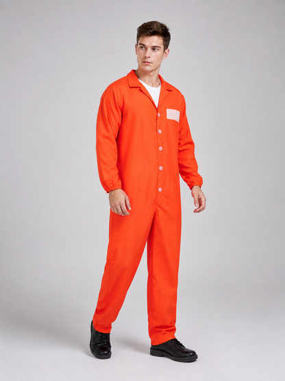 Orange coverall with a smooth fabric look, collared button front, chest patch, and elastic cuffs, shown full-body in side view on a barefoot model