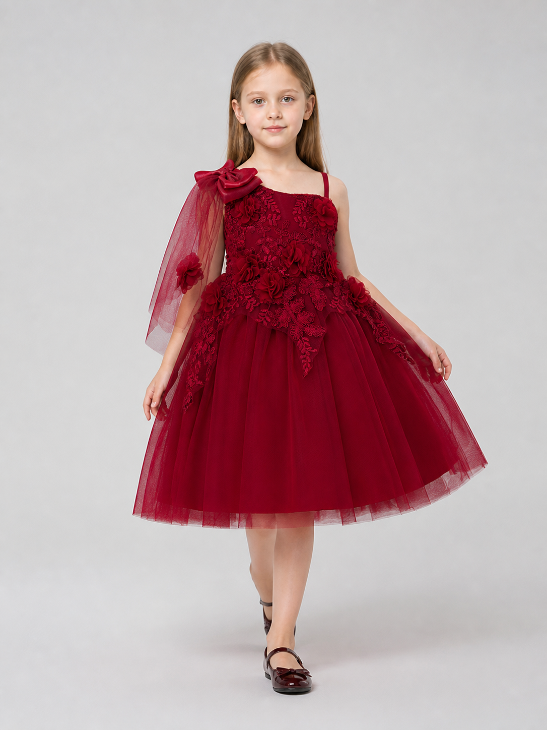 Burgundy children's tutu dress with lace and flowers Costume Dresses detail 2