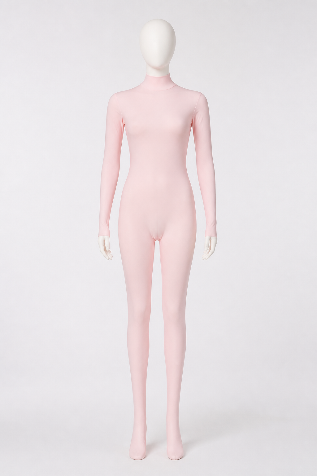 Pink jumpsuit with an open face, gloves, and socks on-model alternate view