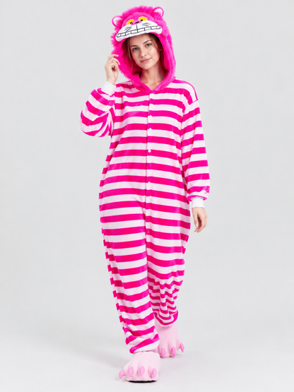 Bright pink hooded pajama jumpsuit with ears