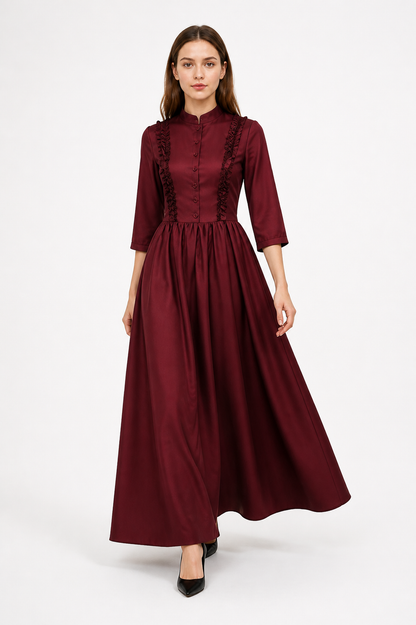 Burgundy Gothic Victorian Dress with Collar