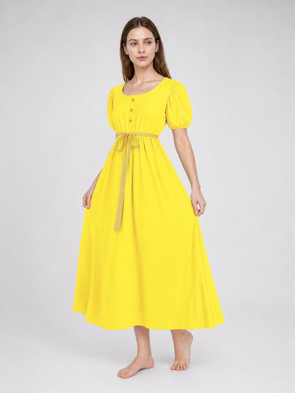 Yellow Dress with Buttons and a Drawstring Waist