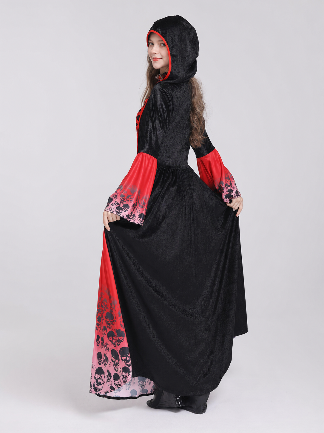 Gothic Hooded Dress with Skulls