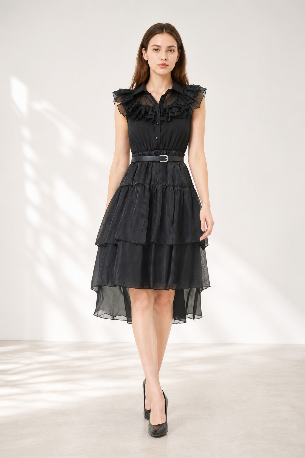 Black Dress with Tiered Skirt and Ruffles Costume Dresses detail