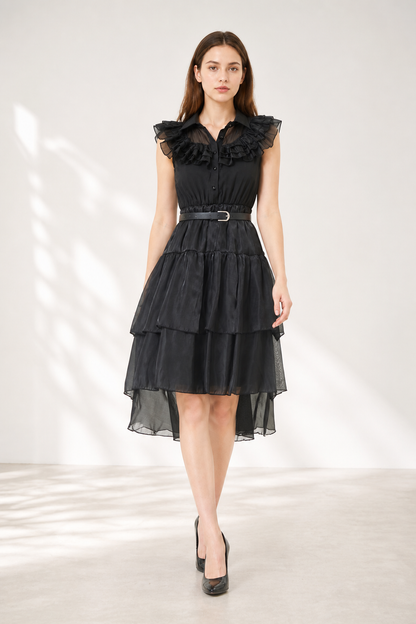 Black Dress with Tiered Skirt and Ruffles Costume Dresses detail