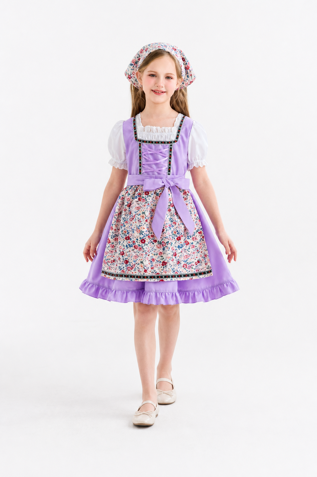 Dirndl Dress with Apron and Headscarf, Purple