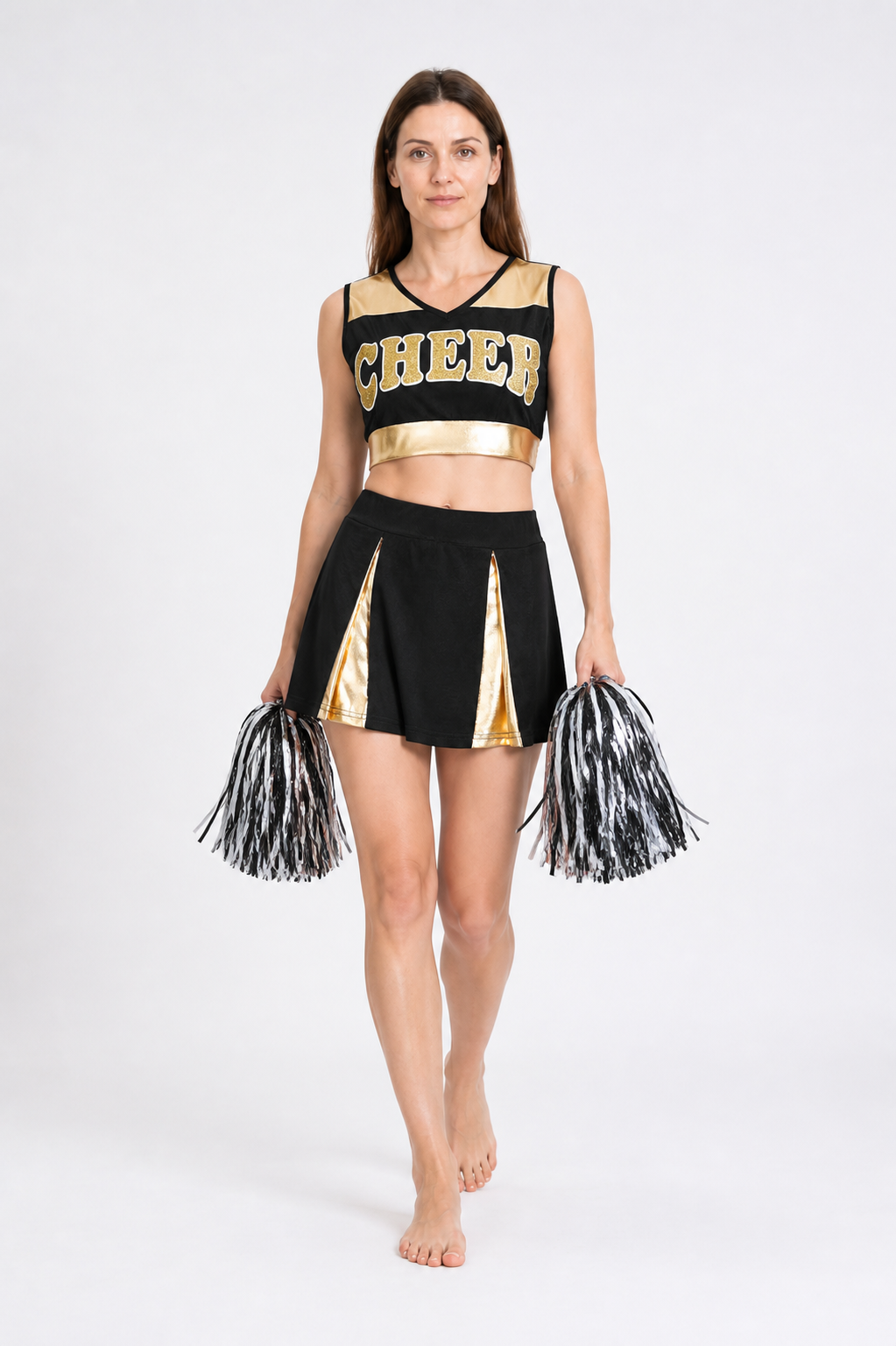 Cheerleading Set: Cheer Top, Gold-Trimmed Skirt, Pom-Poms on-model alternate view