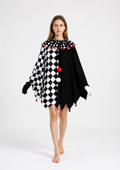 Clown Cape with Pointed Edges and Gloves for Halloween