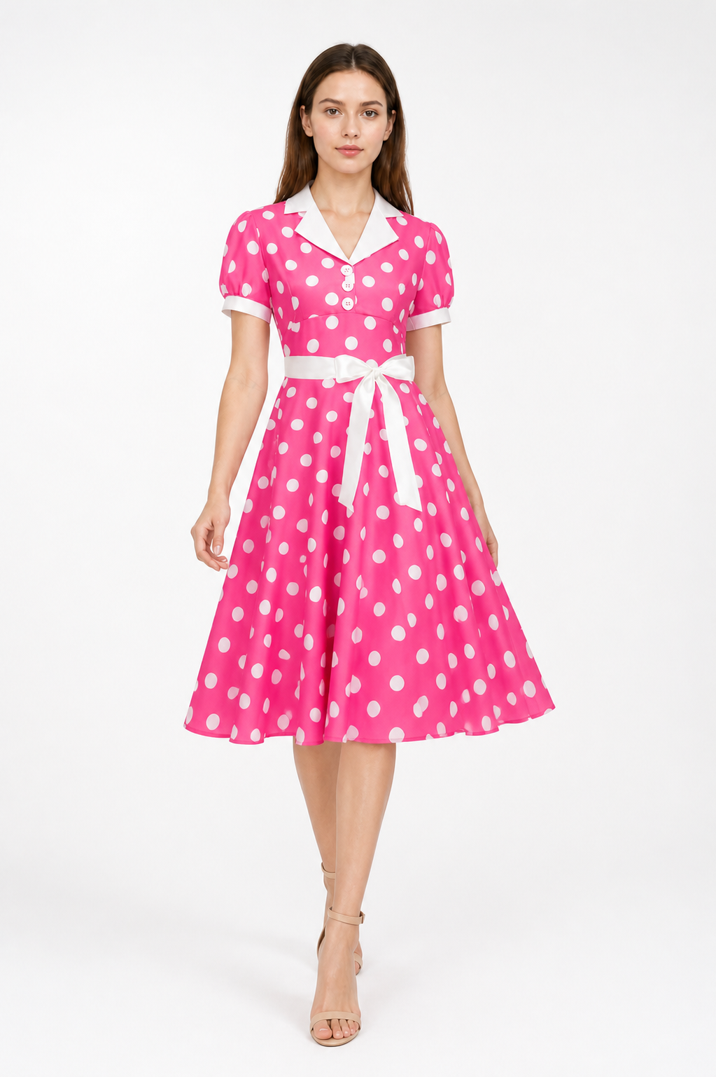 Polka-Dot Dress with a Turn-Down Collar and Bow Costume Dresses detail 2