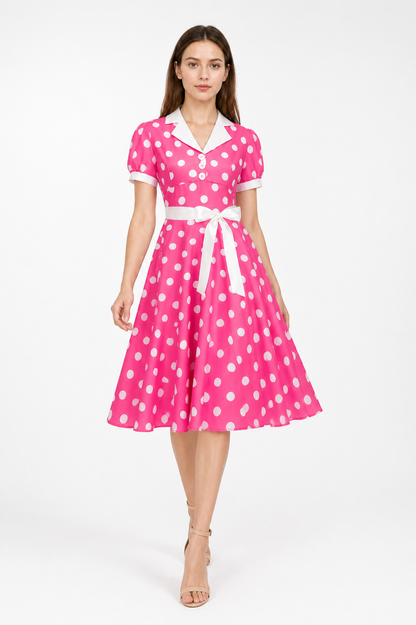 Polka-Dot Dress with a Turn-Down Collar and Bow Costume Dresses detail 2