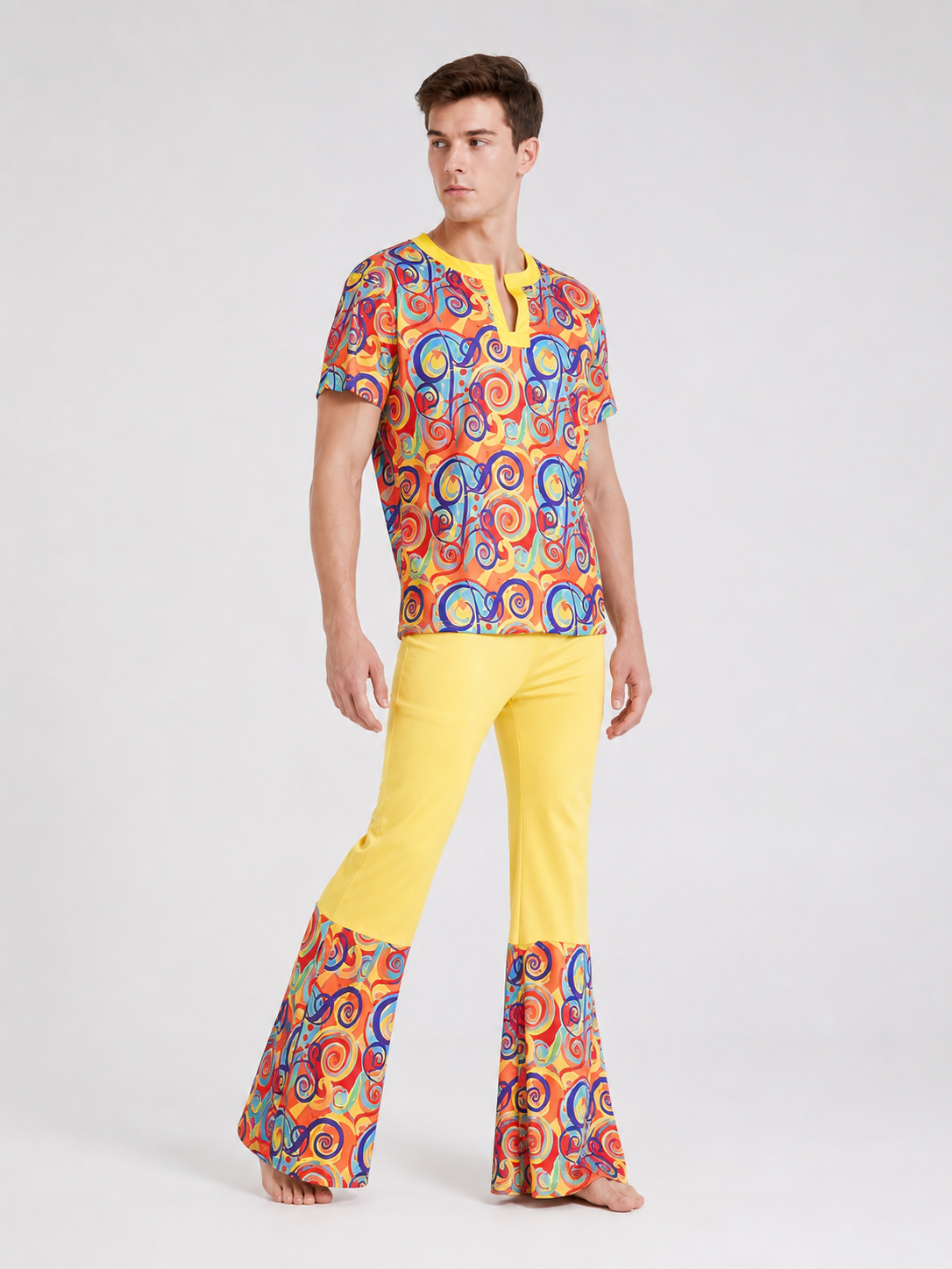 Bright 1970s disco-style costume for themed events. The set includes a