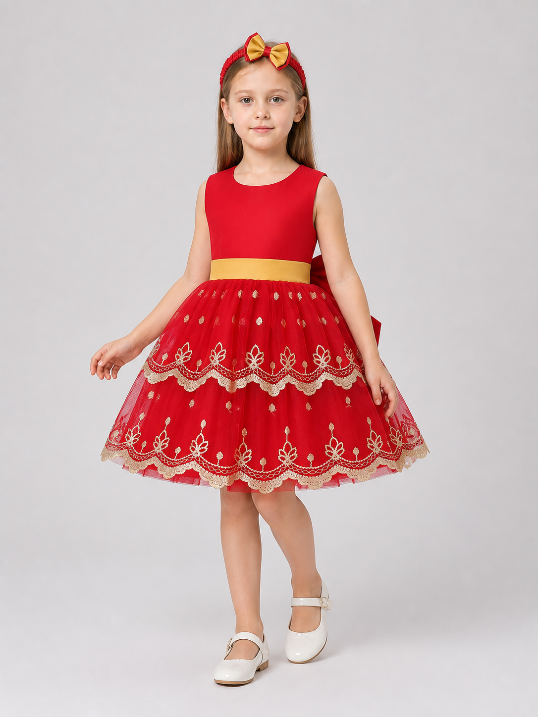 Children’s princess dress with a full skirt and gold embroidery product detail 2