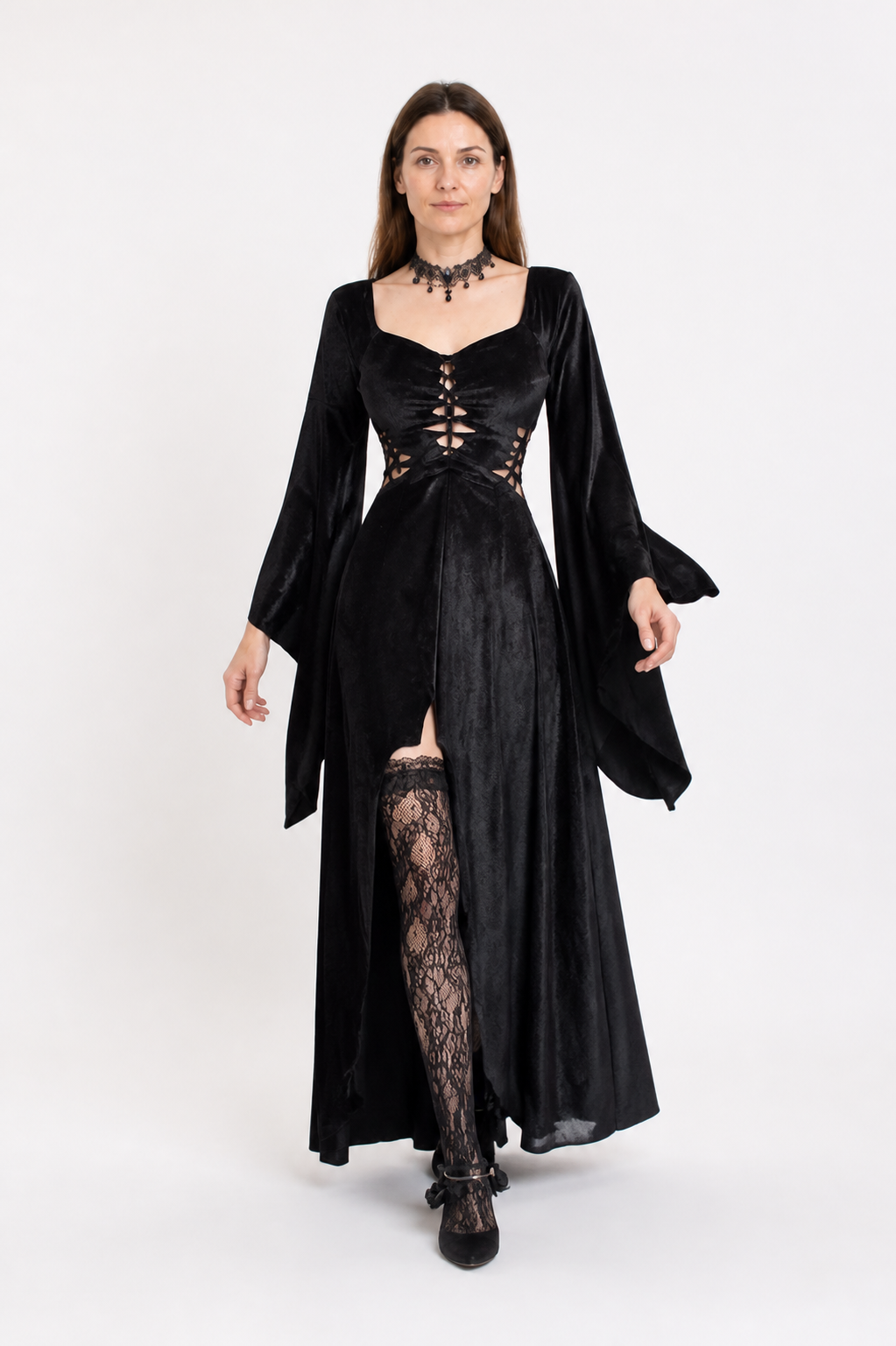 Black Long Gothic Dress with Cross-Lacing Costume Dresses detail 2