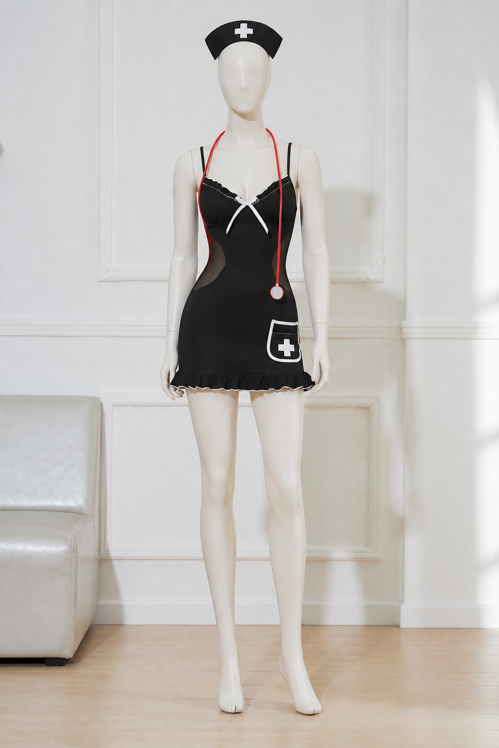 Short nurse costume with a bow and mesh panels on the sides Costume Accessories detail 2