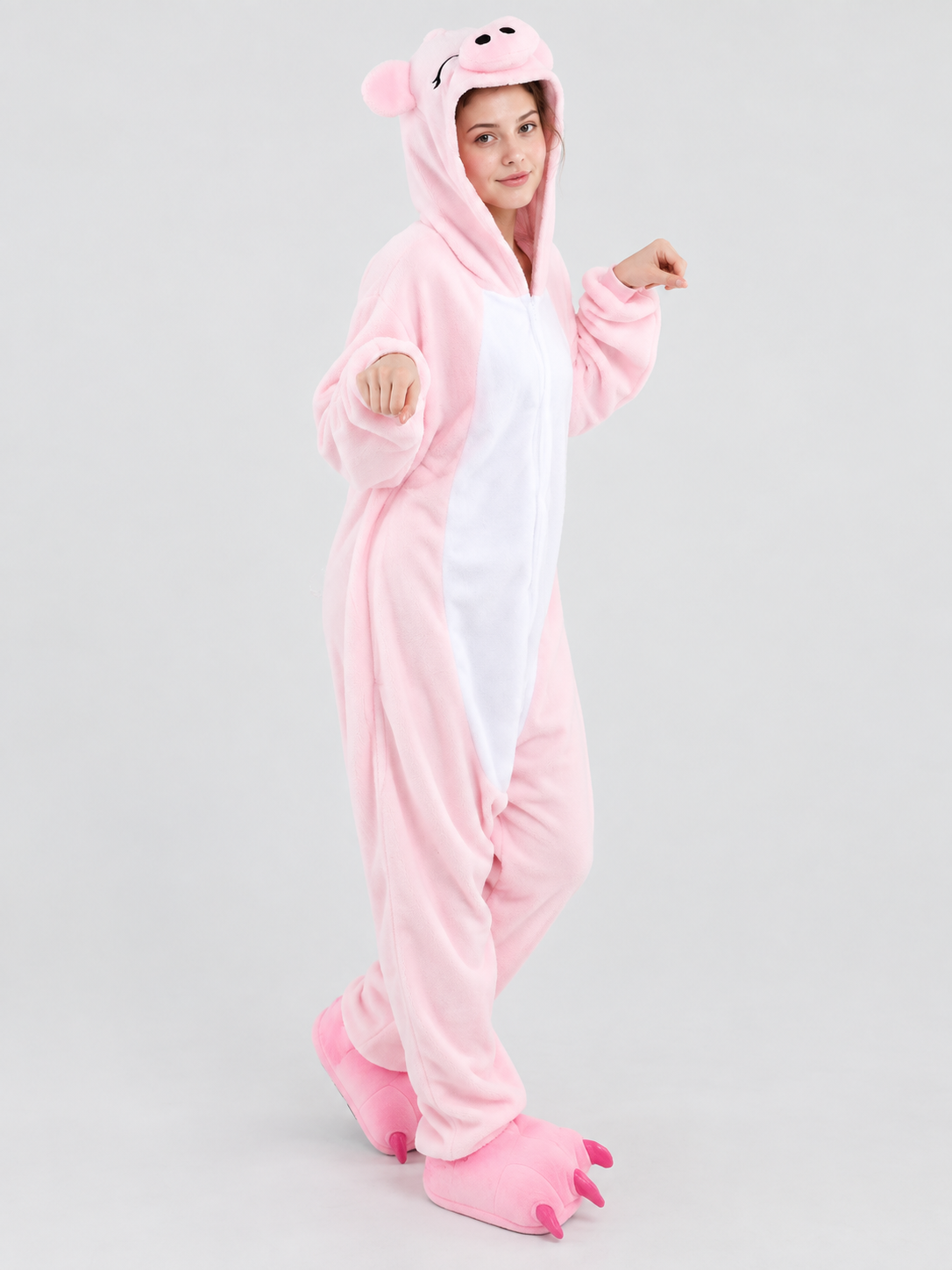 Kids' Pink and White Hooded Pajama Jumpsuit with Ears