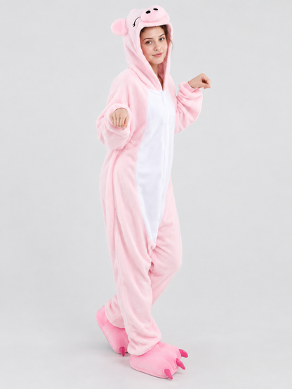 Kids' Pink and White Hooded Pajama Jumpsuit with Ears