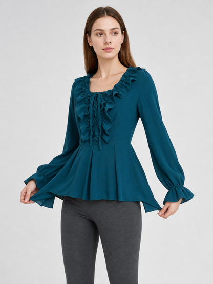 Renaissance Blouse with a Jabot, Lace-Up Detail, and Sleeves