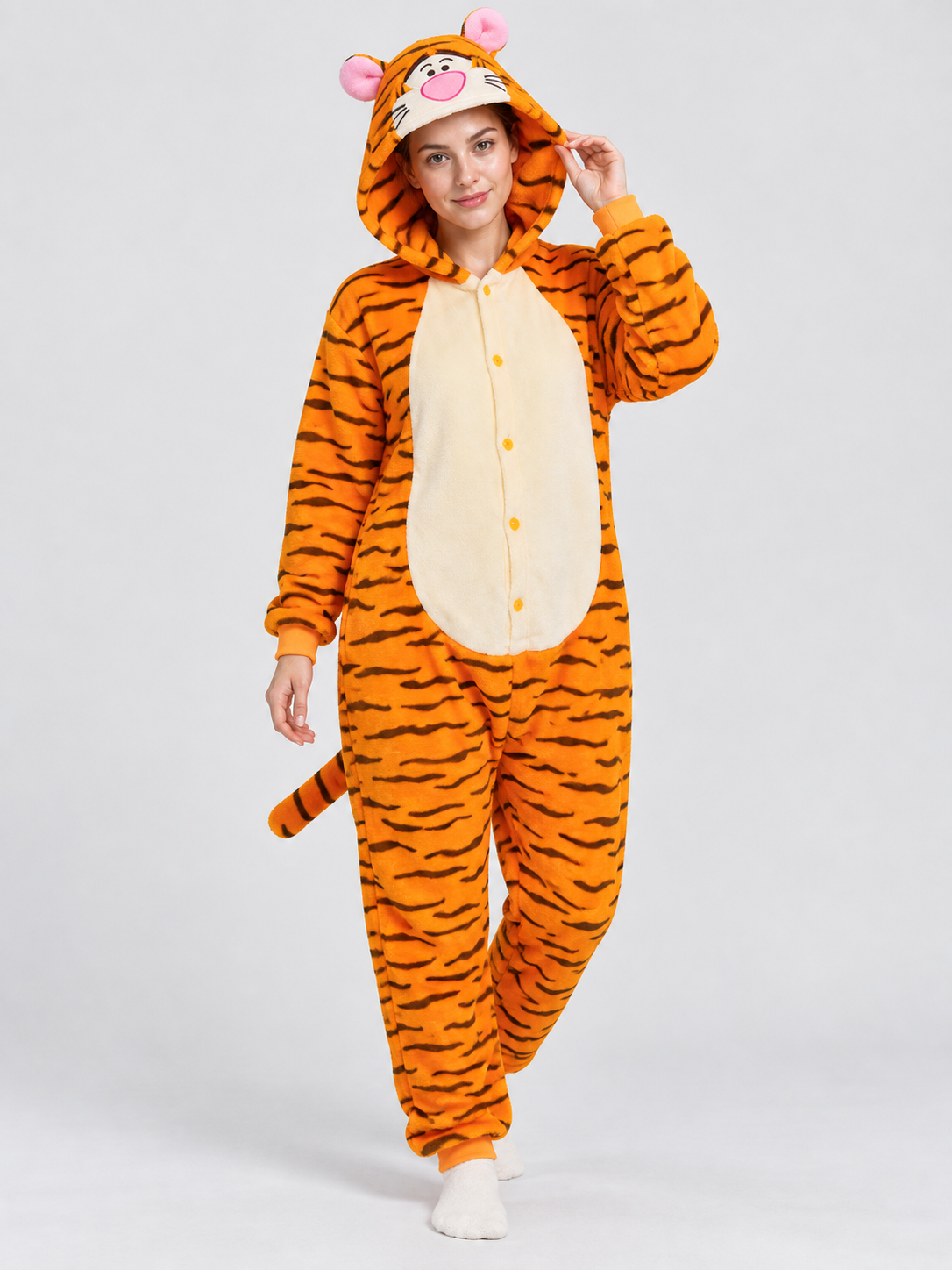 Orange Striped Hooded Pajama Jumpsuit with Ears