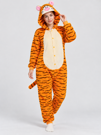 Orange Striped Hooded Pajama Jumpsuit with Ears