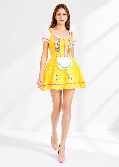 Dress with an apron and puff sleeves in polka dots and floral print Costume Dresses detail 2