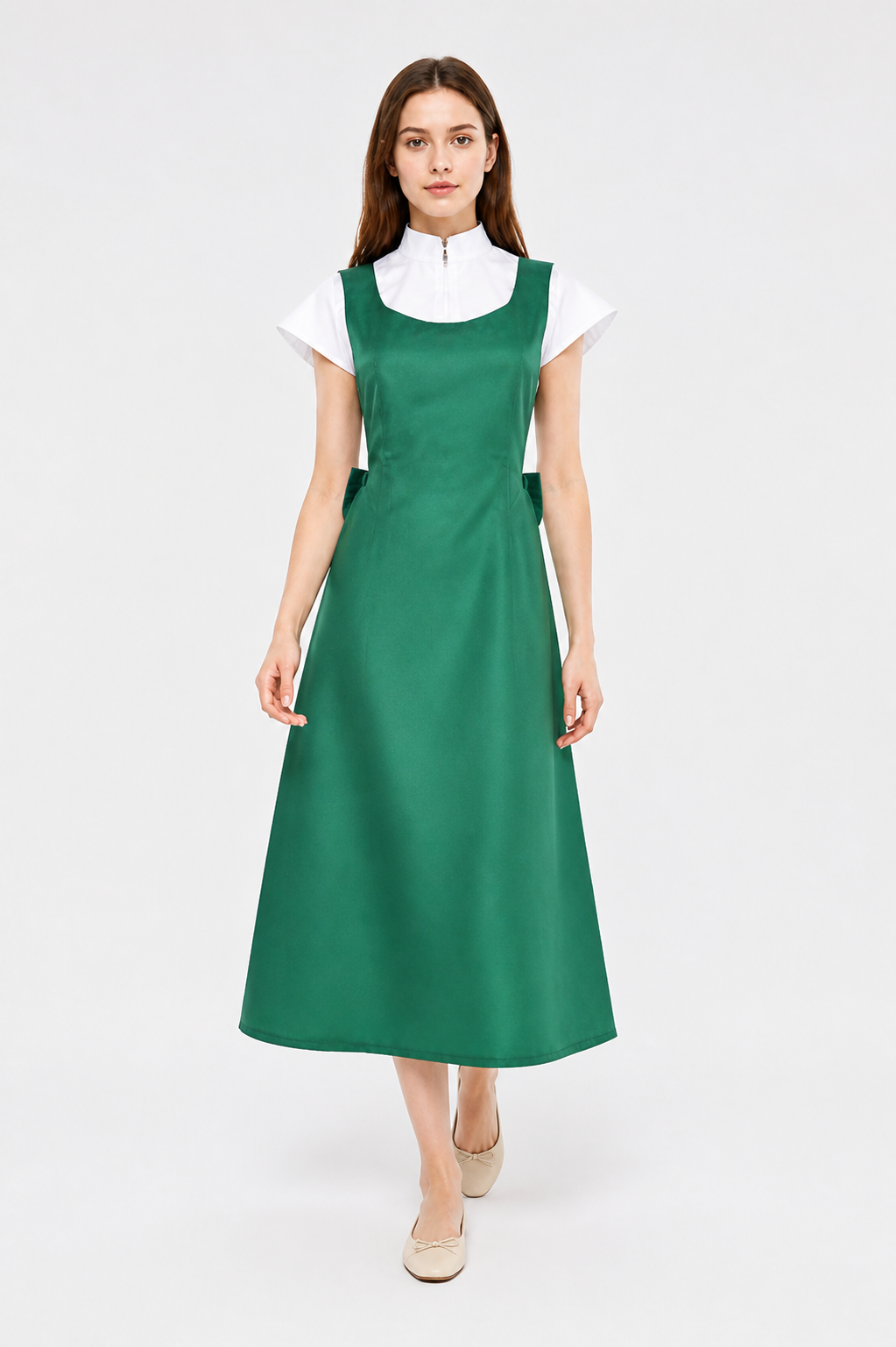 Long green pinafore dress with pockets Costume Dresses detail 2