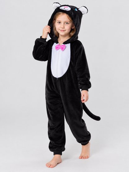 Black Flannel Pajama Jumpsuit with Hood and Ears