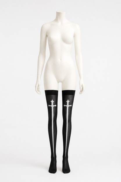 Long Black Knee-High Socks with White Cross, Pair product detail 2