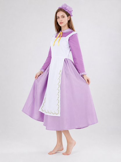 Purple dress costume with apron and bonnet