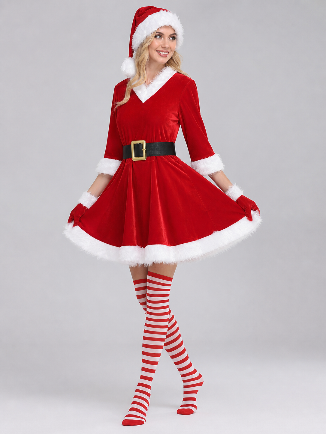Santa Claus Costume: Dress, Hat, Belt, and Stockings