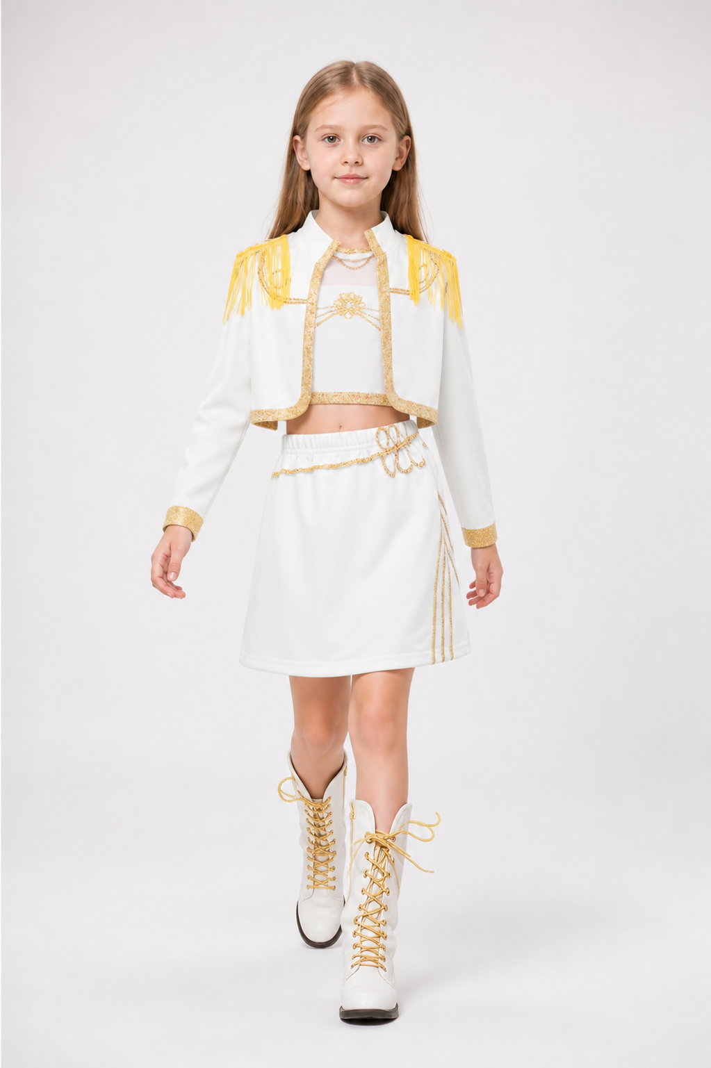 White Children's Stage Costume with Gold Fringe Costumes detail 2