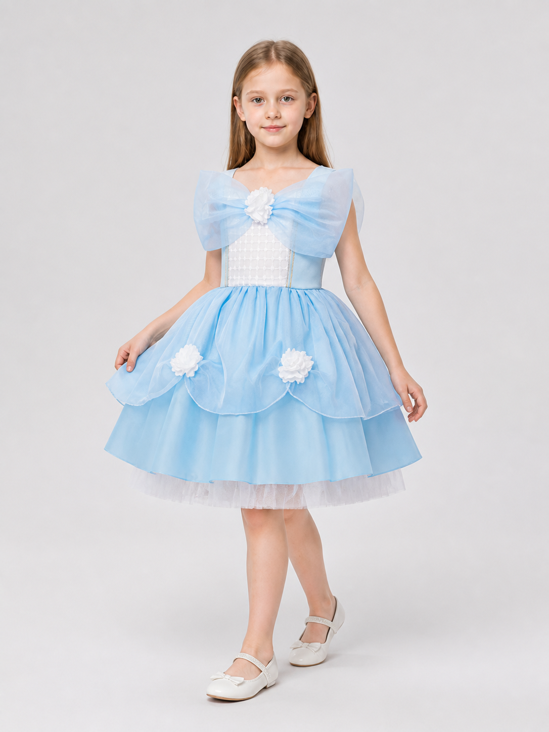Light Blue Girls’ Princess Dress with Bow and Full Skirt product detail 2