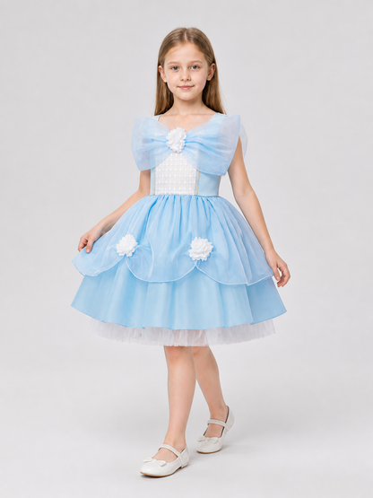 Light Blue Girls’ Princess Dress with Bow and Full Skirt product detail 2
