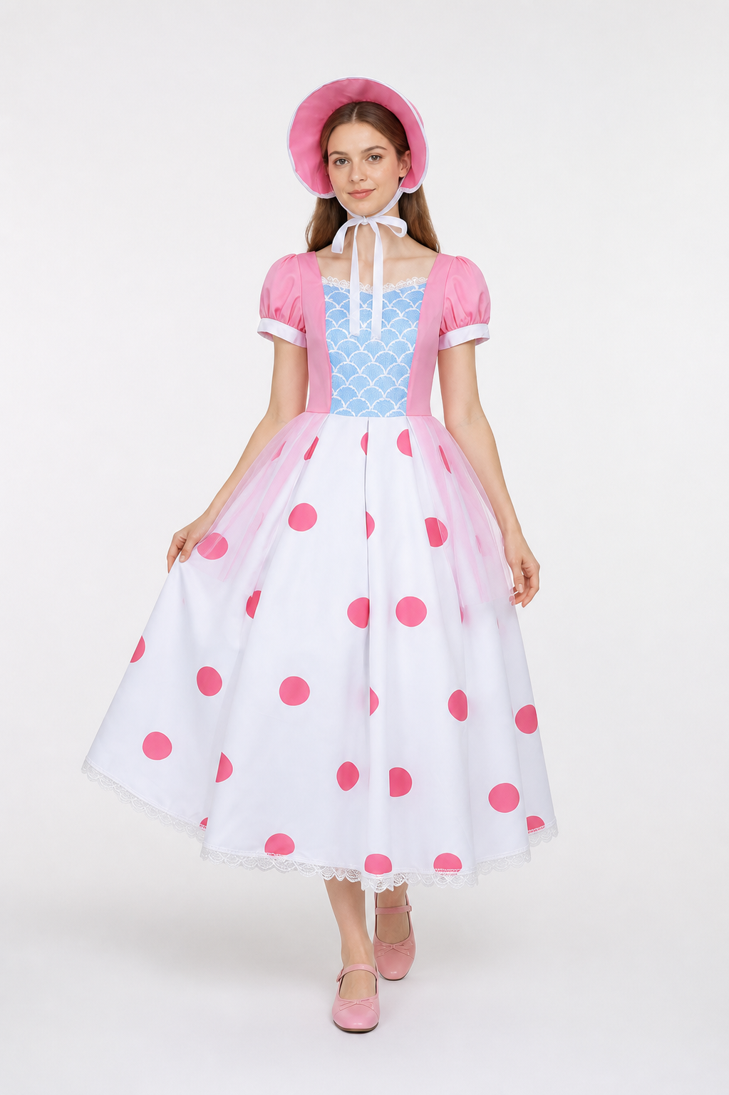 Bo Peep Cosplay Dress, White and Light Blue Polka Dot, with Hat Costume Dresses detail