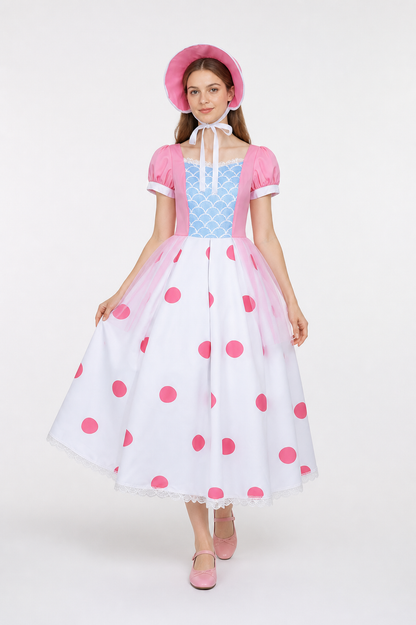 Bo Peep Cosplay Dress, White and Light Blue Polka Dot, with Hat Costume Dresses detail