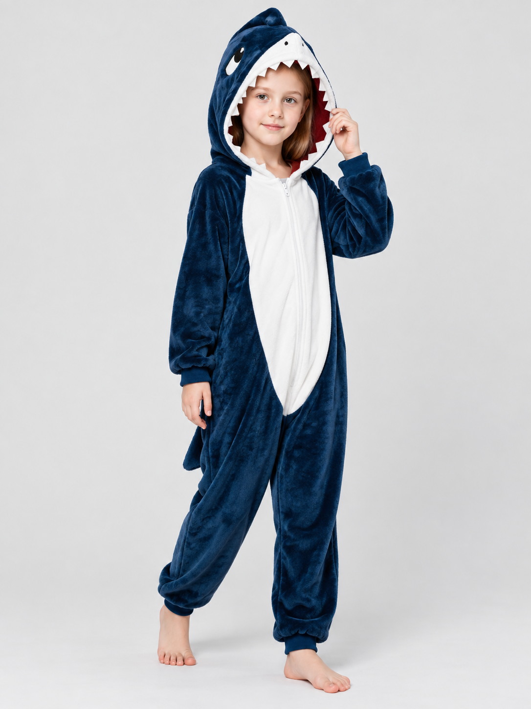 Navy Blue Fleece Pajama Jumpsuit with Shark Hood