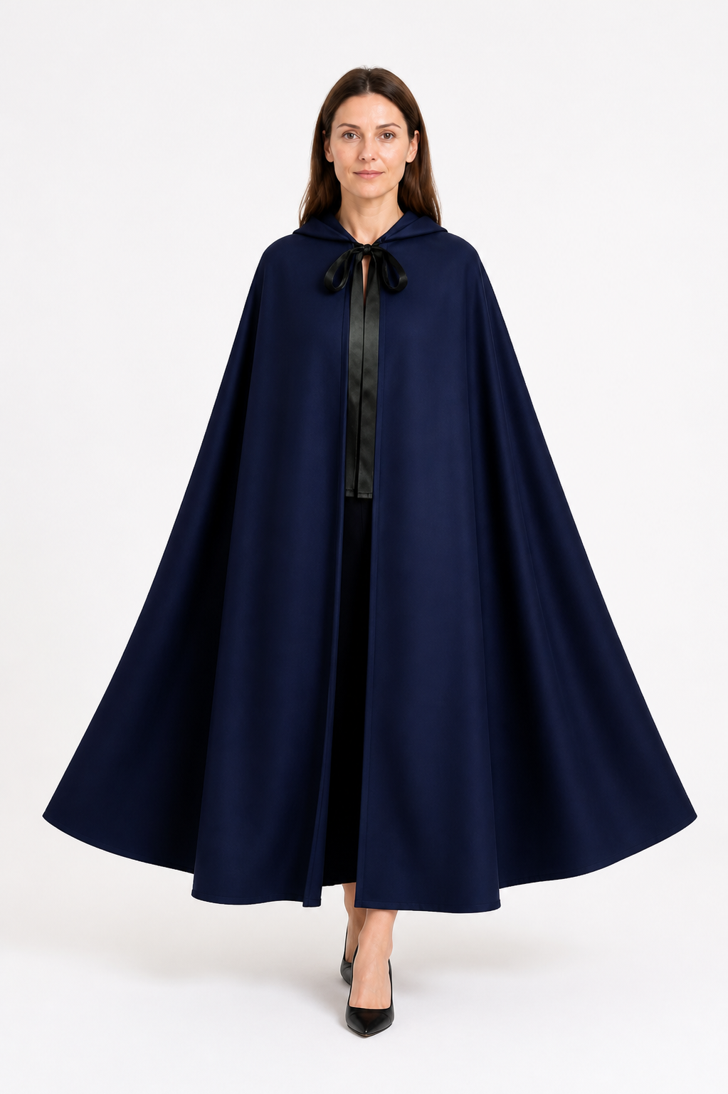 Long Hooded Cloak, Dark Navy with Black Tie on-model alternate view
