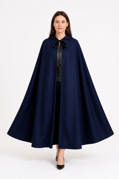 Long Hooded Cloak, Dark Navy with Black Tie on-model alternate view
